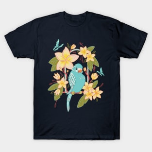 Tropical Budgie and Frangipani Flowers T-Shirt